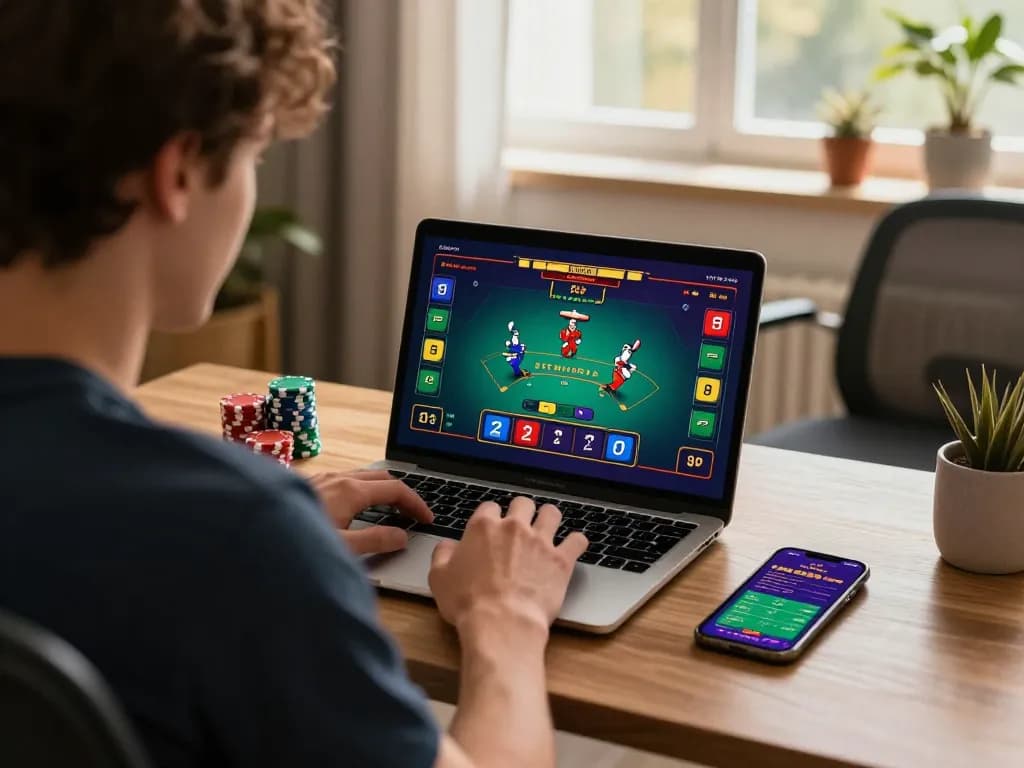 Engaging scene of a player using 33win online casino platform for live blackjack, showcasing strategy.