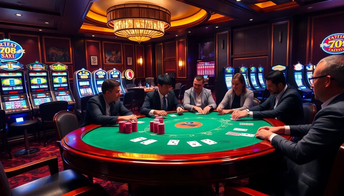 Players enjoying an immersive gaming experience at https://lc88pro.com/ casino tables, featuring poker and slots.