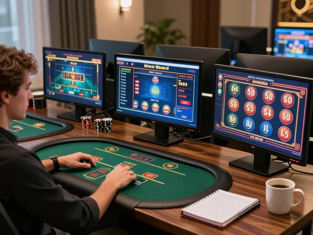 Engaging with nk88 nhà cái online casino games at a sophisticated home setup with multiple screens visible.