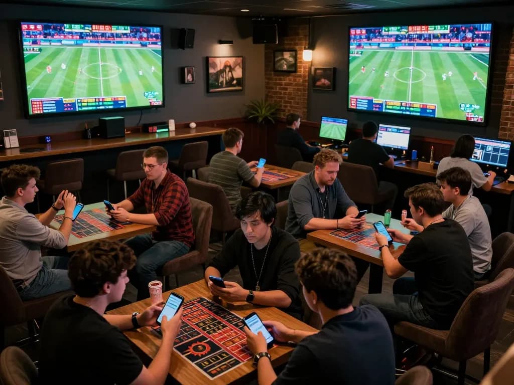 Engaging scene showcasing hubet users actively placing bets in a modern sports lounge during live matches