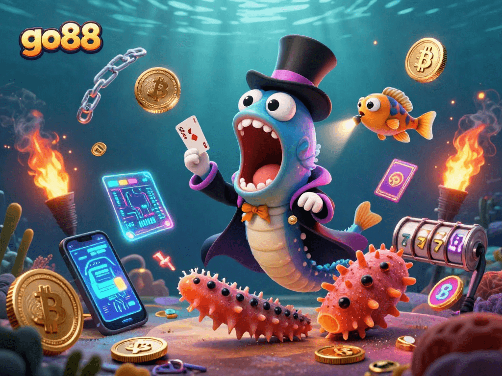 Experience the excitement of go88 with a lively underwater casino magic scene featuring dazzling characters and crypto elements.