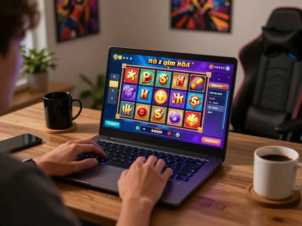 Player engaging with game nổ hũ on a laptop, showcasing online gambling in a cozy home atmosphere.