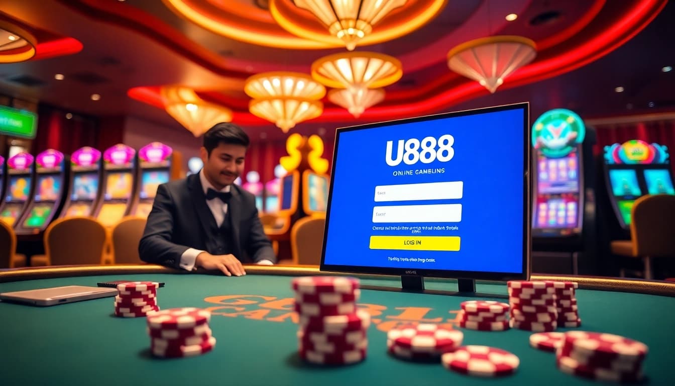 An engaging U888 login display in a luxurious casino setting with poker chips and slot machines.