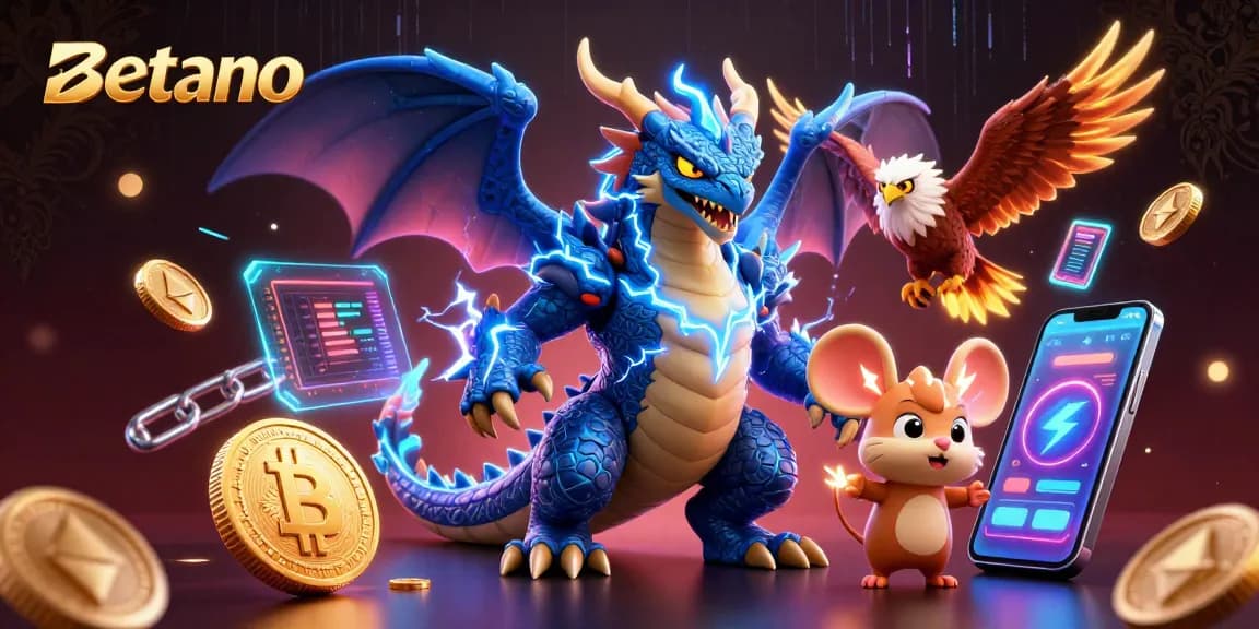 Betano offers immersive gaming experiences with a thunder dragon, glowing hawk, and crypto elements.