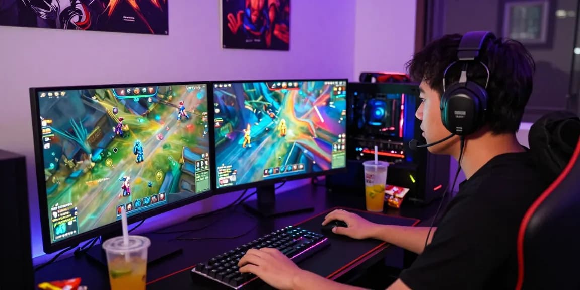 Exciting gaming session showcasing mahajitu online player engaged with dual monitors and vibrant graphics.