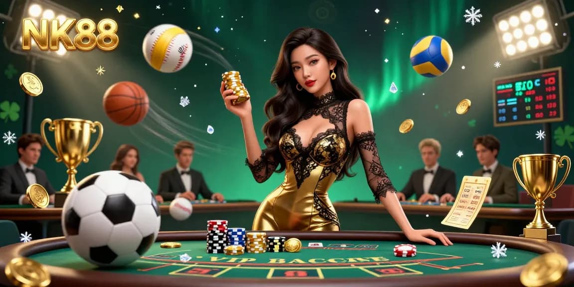 Experience glamorous high-stakes gaming at NK88 with a stunning baccarat scene and dynamic sports elements.