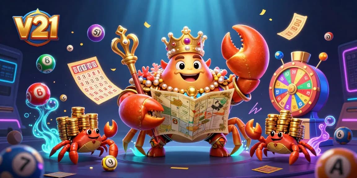 Menangkan hadiah di v21 dengan ilustrasi mengagumkan dari karakter kepiting emas yang memegang peta harta dan chip emas.