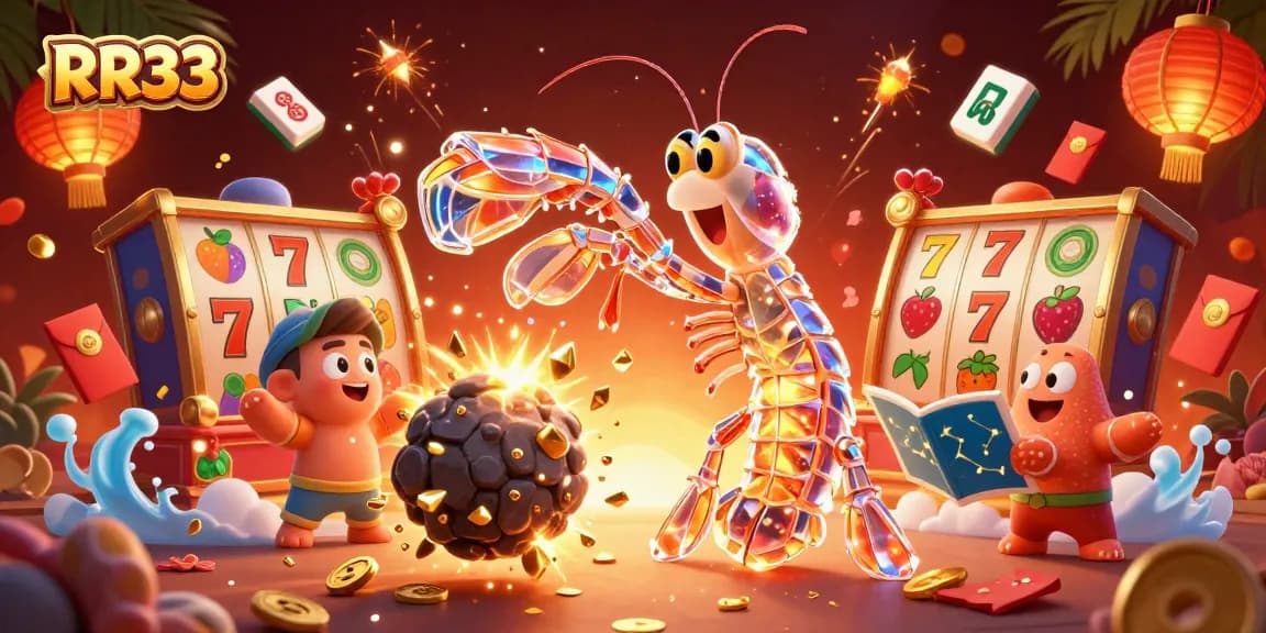 Play exciting slots at RR33 with a vibrant 3D illustration featuring a samurai shrimp, gems, and casino elements.