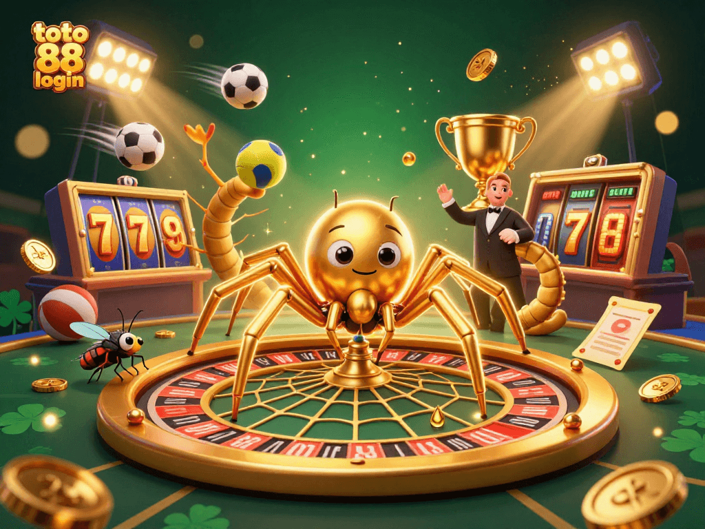 Experience thrilling gameplay with toto 88 login while a golden spider spins a roulette web in a vibrant casino scene.