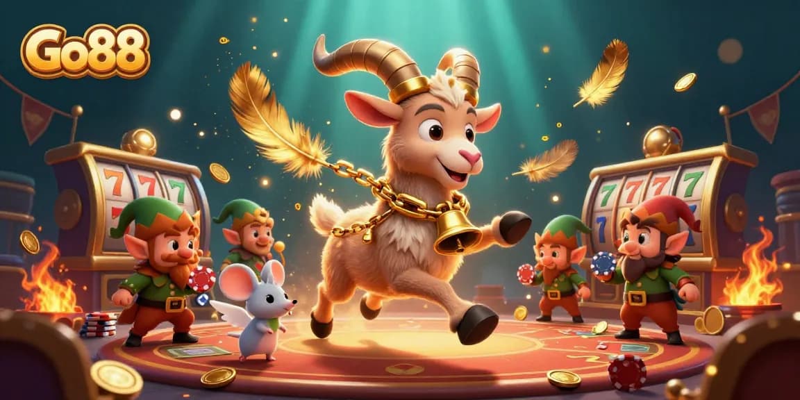 Go88 casino scene with playful characters and exciting gaming elements in a vibrant illustration.