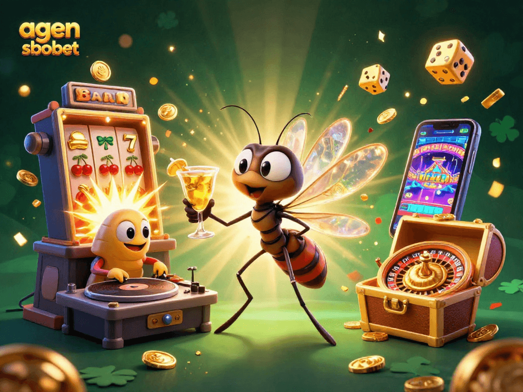 Experience lively gaming action with agen sbobet as a cartoon mosquito mascot and fossil DJ