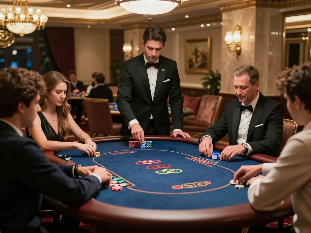 Players enjoying a high-stakes poker game in an elegant VIP area, highlighting nhacaiuytin and luxury gaming.