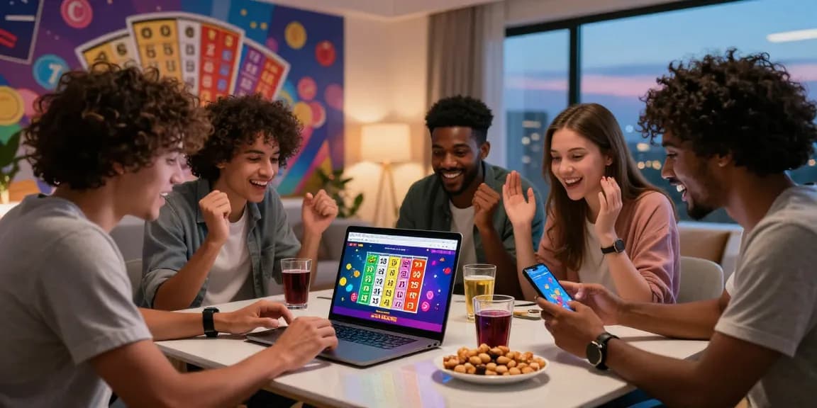Friends checking 4D lottery results online while celebrating together in a vibrant living room.