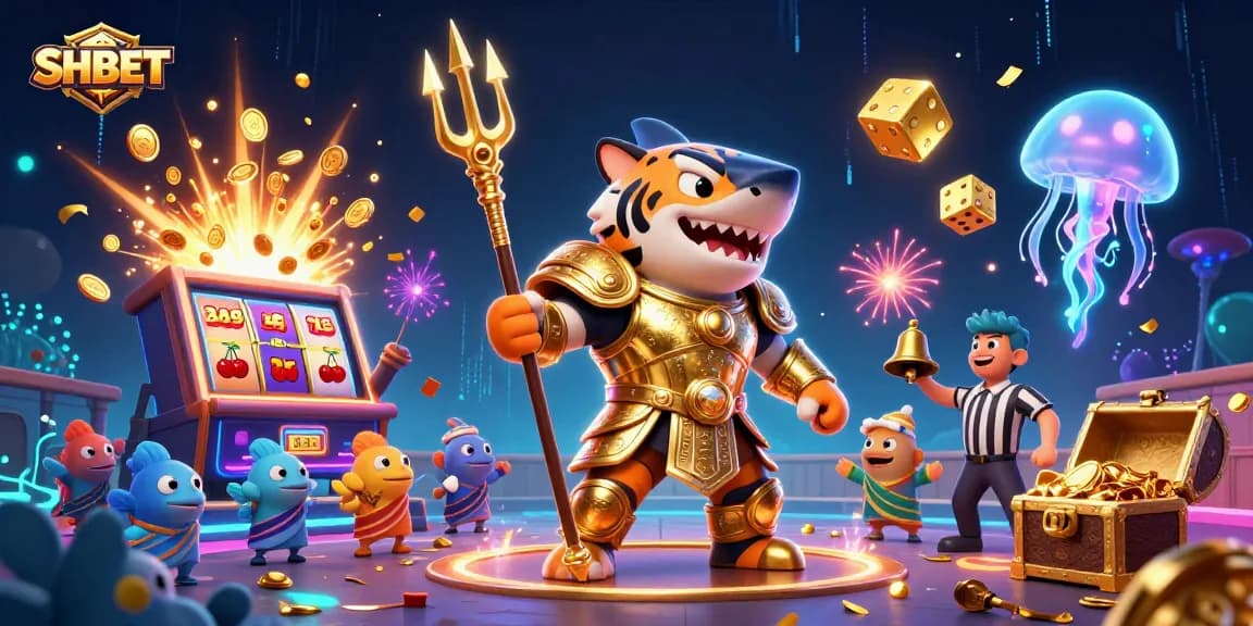 Experience SHBET's thrilling underwater jackpot with a tiger shark and vibrant casino elements.