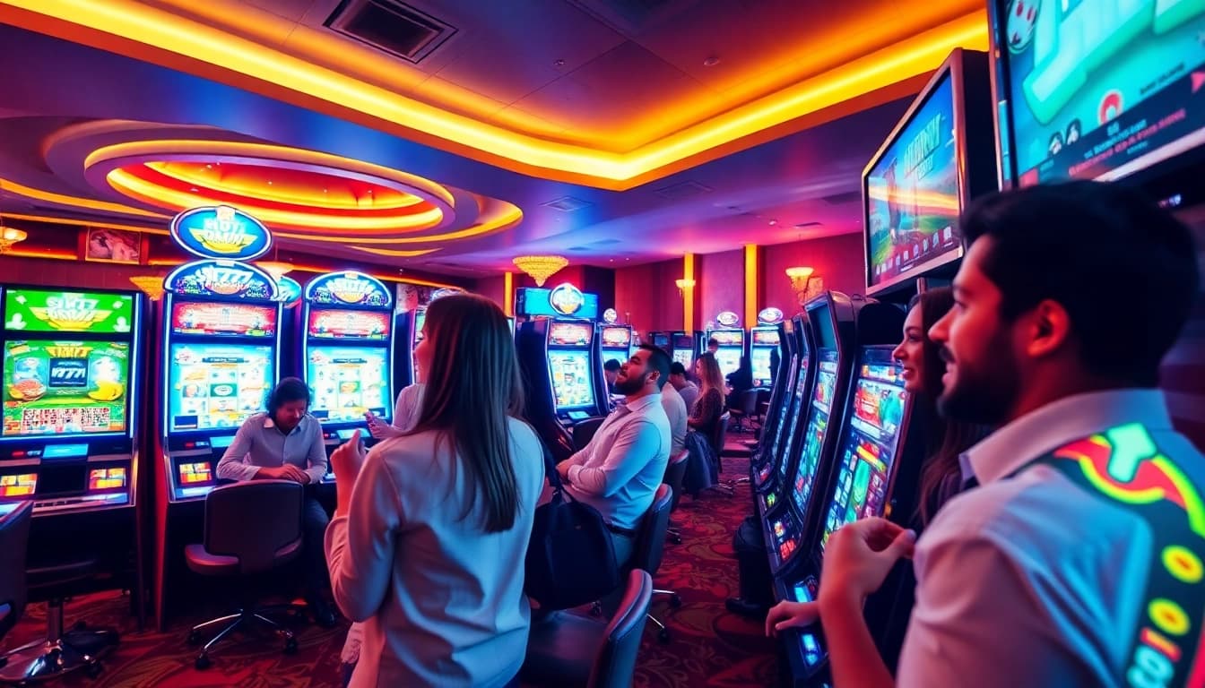 Players enjoying the thrill of slot777 machines in a vibrant casino atmosphere.