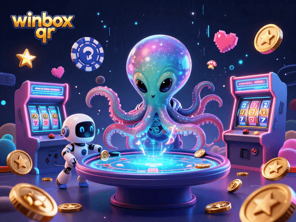 Experience winbox qr with an energetic alien octopus mastering holographic poker in a vibrant casino setting.
