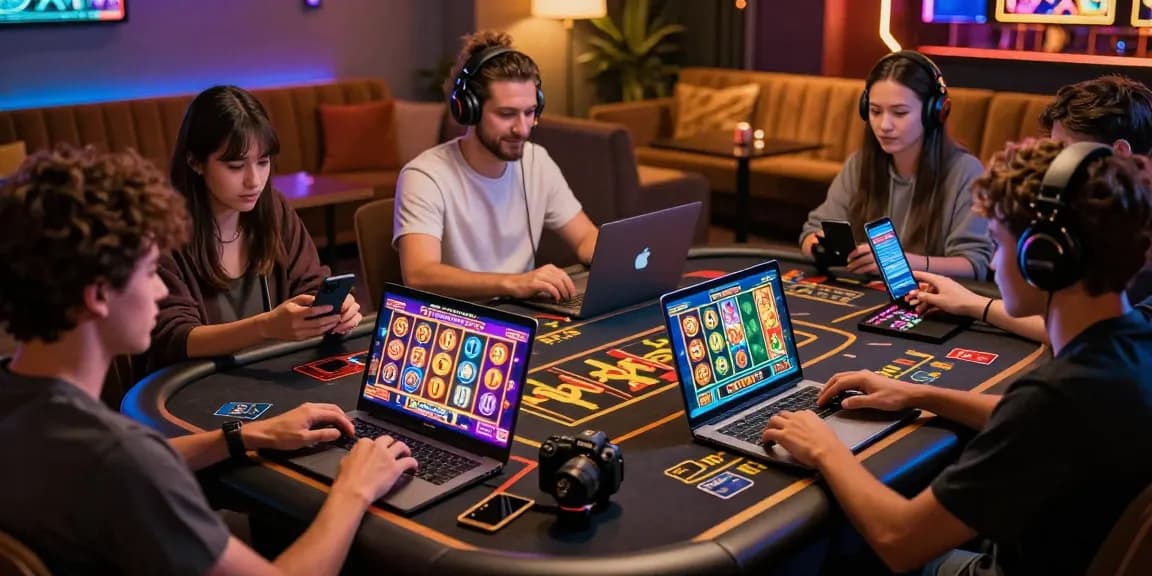 Players engaging with credit card casinos at https://ecpc.org.uk in a lively lounge atmosphere filled with vibrant gaming graphics.