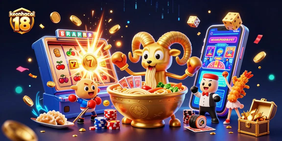 Engage with keonhacai 18, featuring a vibrant 3D casino scene with dynamic characters and winning symbols.