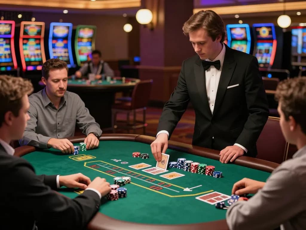 Xocdiavn players placing bets and enjoying a blackjack game at an upscale casino.