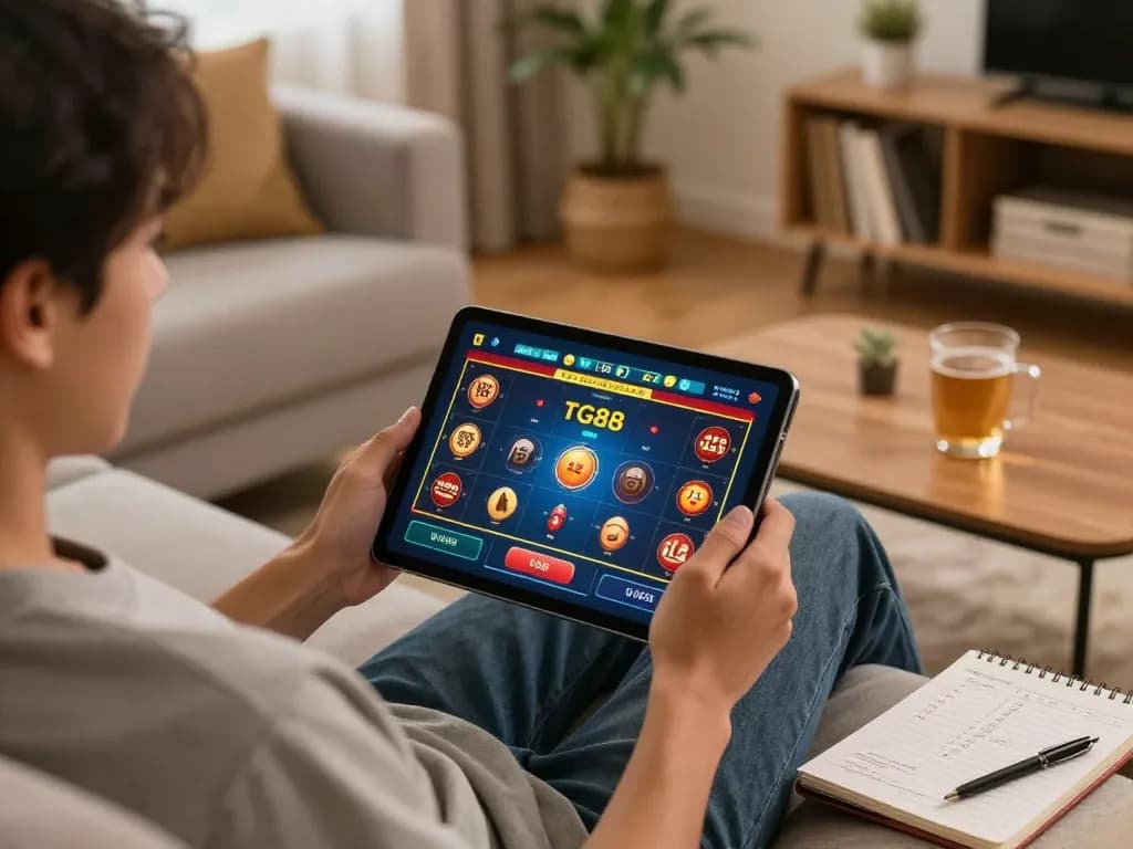 Person using TG88 on tablet for online gambling in a cozy home setting.