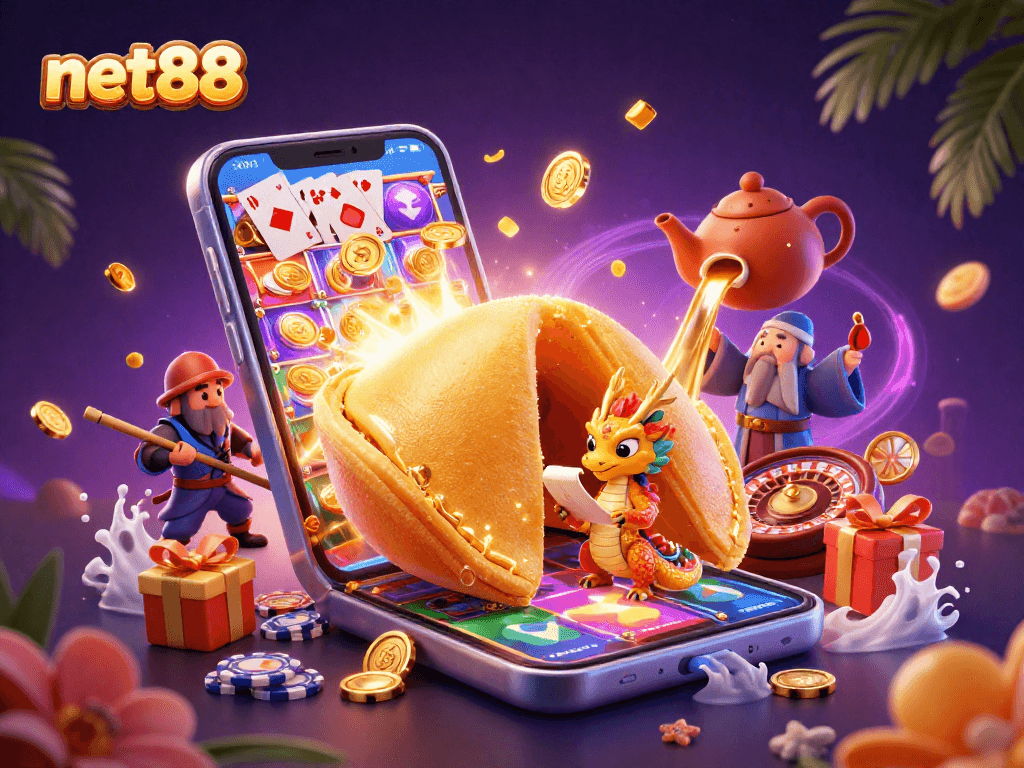 Spin vibrant slots at net88, featuring a dragon and a fortune cookie in a magical casino scene.