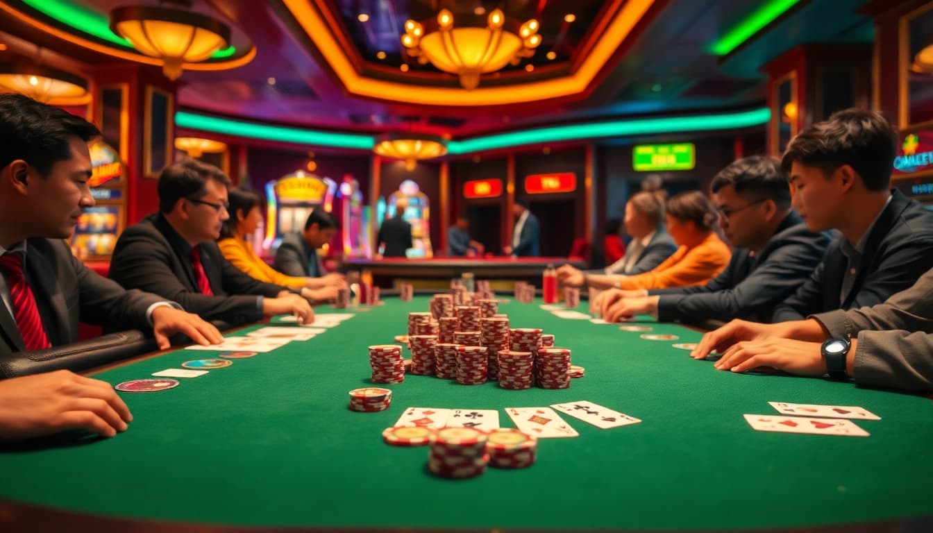 Players immersed in an exciting game bài session at a vibrant casino table.