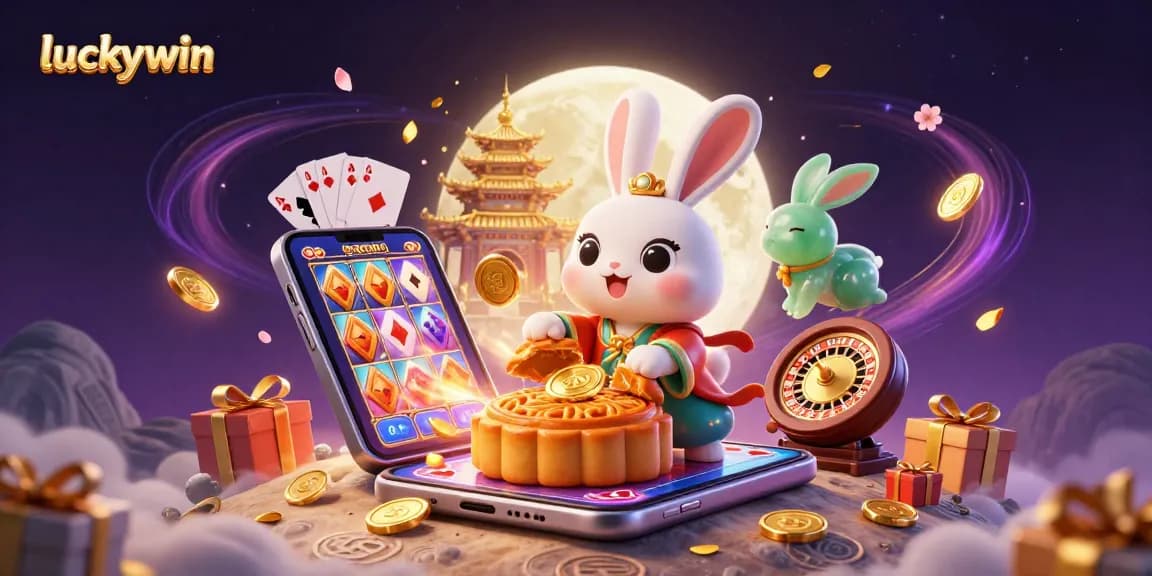 Feel the excitement with luckywin in an illustrated scene of a moon rabbit amidst casino elements and vibrant games.