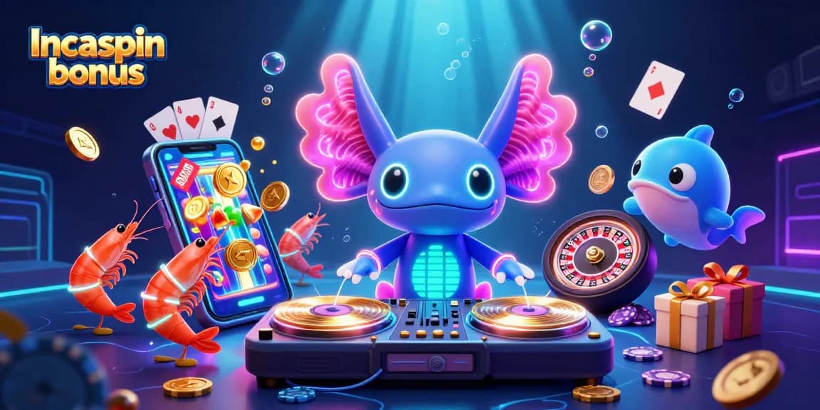 Engage with IncaSpin bonus in a vibrant 3D casino scene featuring a colorful axolotl DJ.