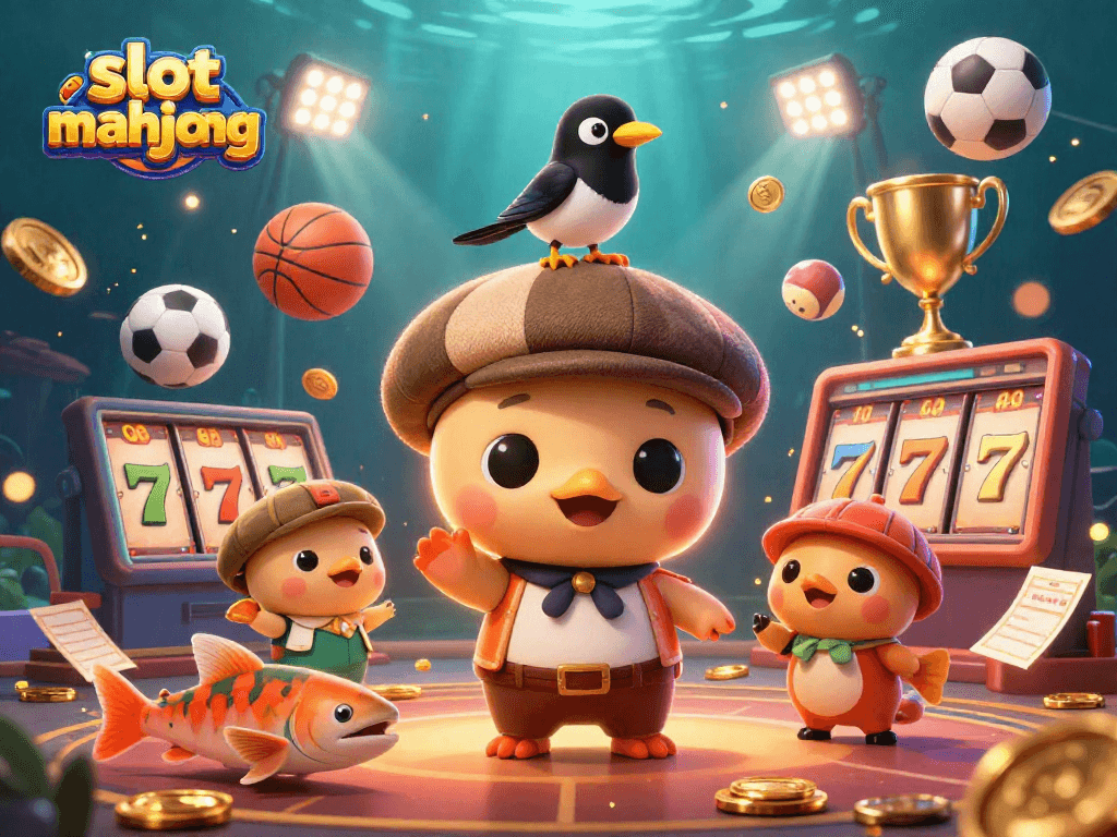 Engage in slot mahjong with this lively 3D scene featuring dynamic characters and gambling elements.
