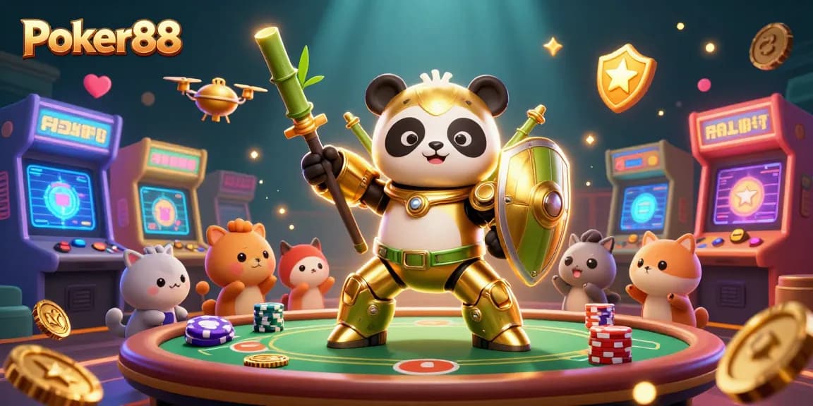 Experience thrilling Poker88 gameplay with the golden panda robot battling in a vibrant casino arena.