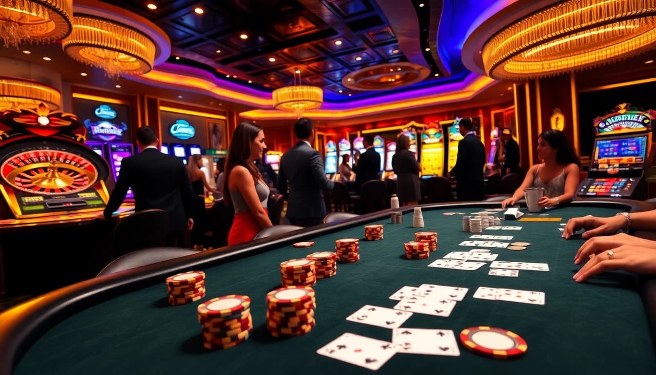 Experience luxury138's vibrant casino atmosphere with players engaging at a high-stakes poker table.