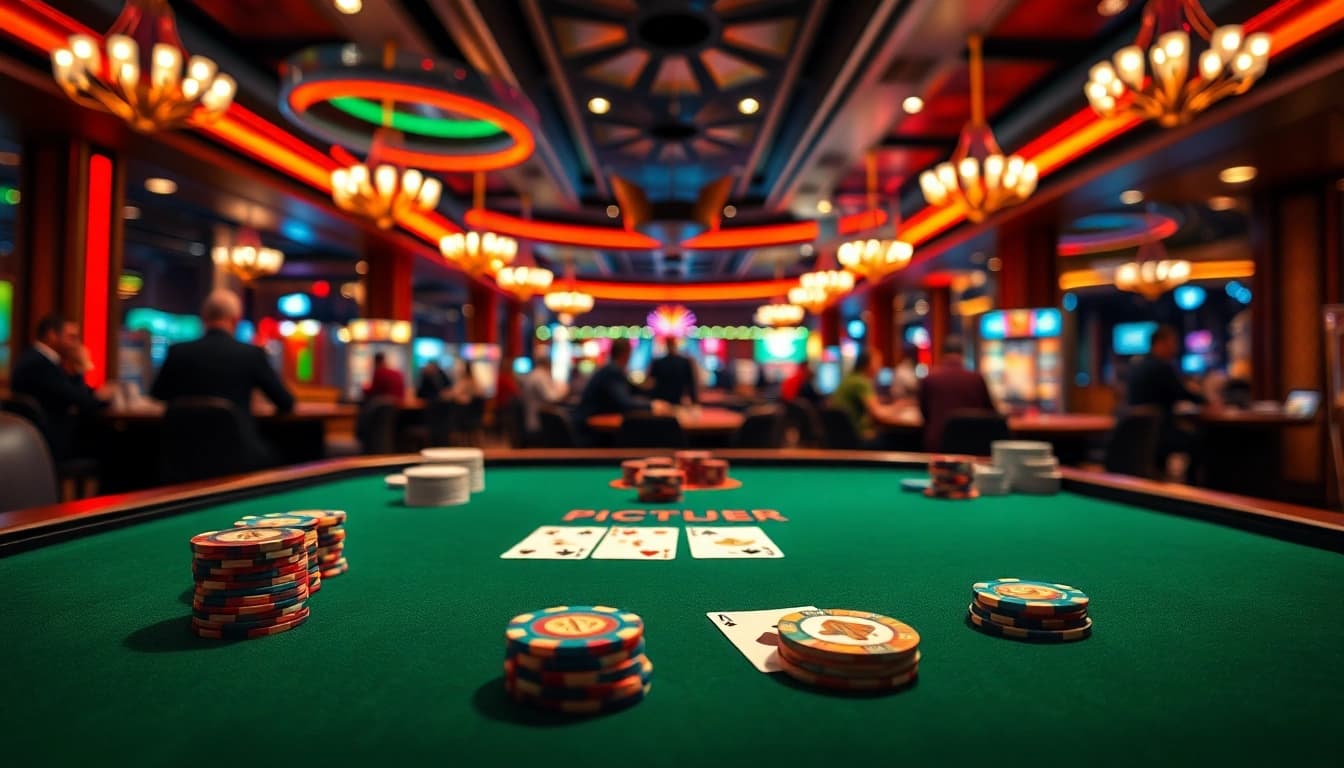 Togel389 menarik dengan pemain di meja poker mewah kasino yang penuh warna.