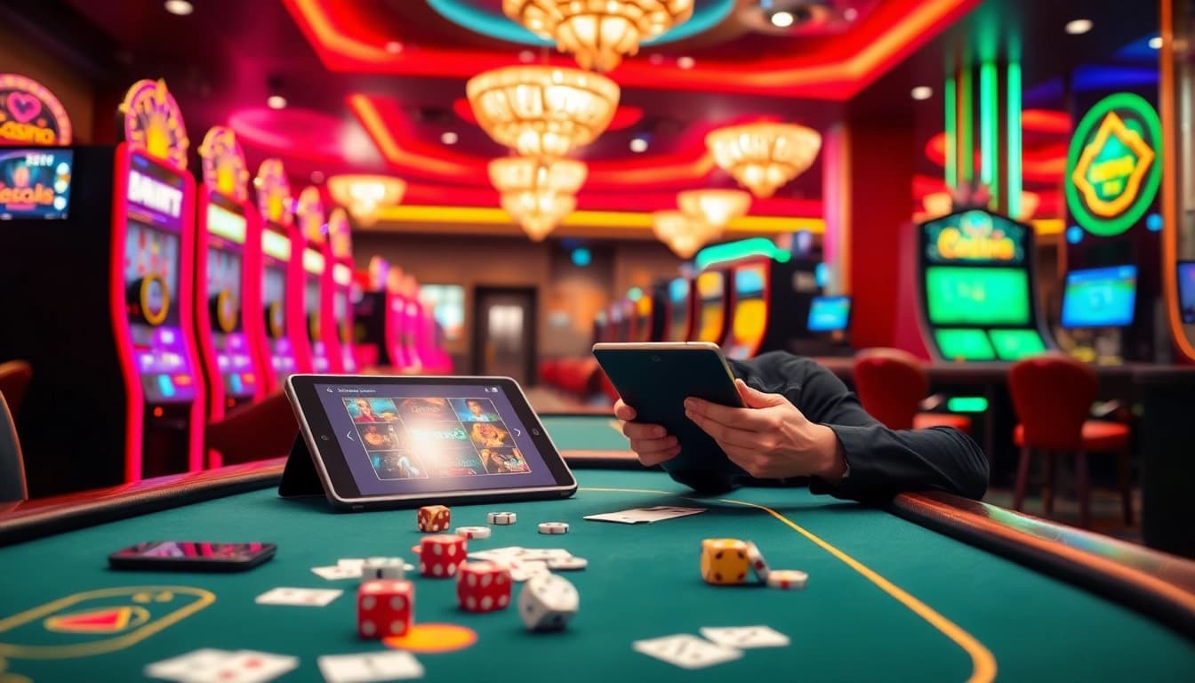 Experience thrilling gaming with QQMacan login at an elegant casino featuring vibrant slot machines.