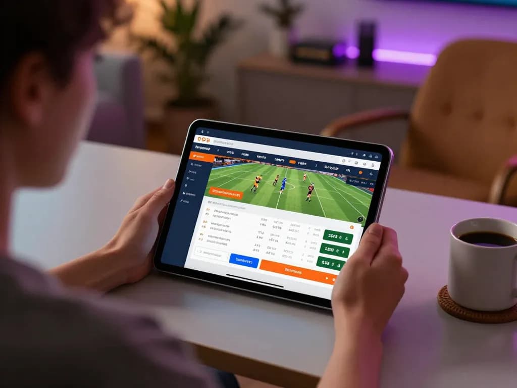 Engaged user placing a bet on bongdalu88 app during live sports event, cozy home setting illuminated in warm tones.