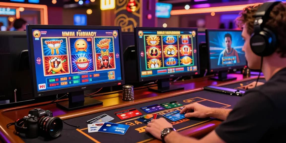 Engaged player exploring credit card casinos at a colorful online gaming setup with multiple credit cards.