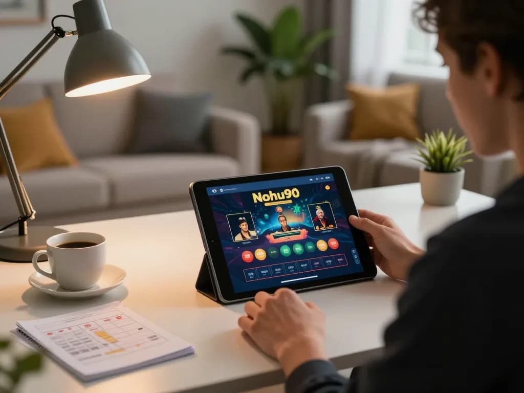 Nohu90 online gaming setup at home, showcasing a person strategizing with gambling notes and a tablet.