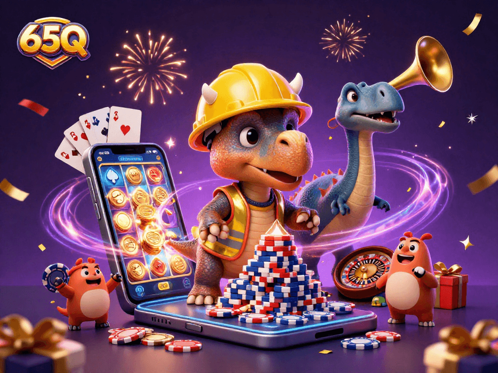 Aproveite os jogos de cassino emocionantes com 65Q, visualizando a celebração de um tricerátopo com fichas de pôquer.