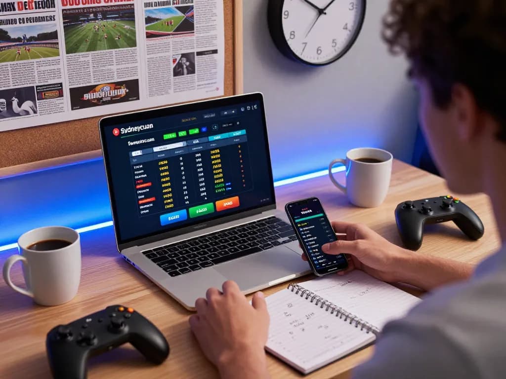 Pengaturan taruhan yang menarik dengan laptop Sydneycuan, berita olahraga, dan pengontrol permainan menciptakan atmosfer perjudian online yang mendebarkan.