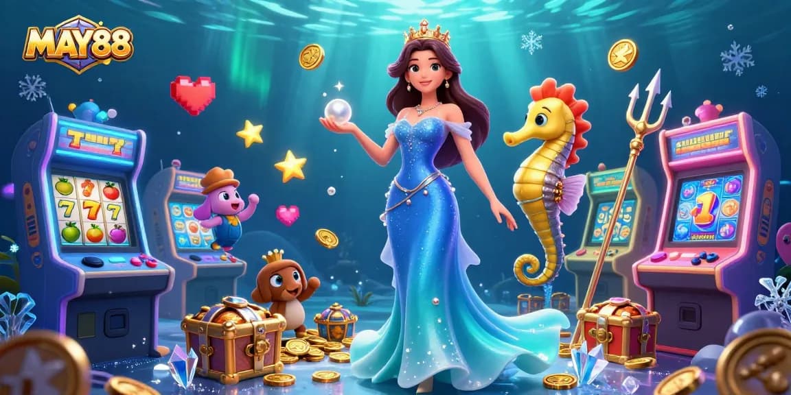 MAY88 players spinning slot reels with a glowing pearl and vibrant underwater treasures.
