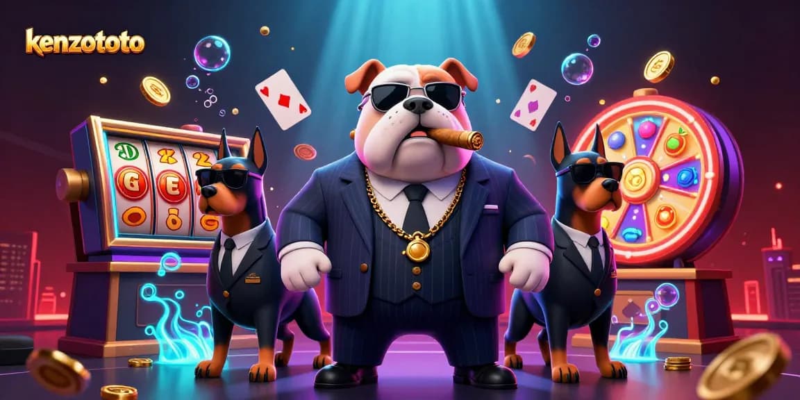 Kenzototo online gaming scene featuring a mafia bulldog and Doberman bodyguards amidst spinning slot reels and falling coins.