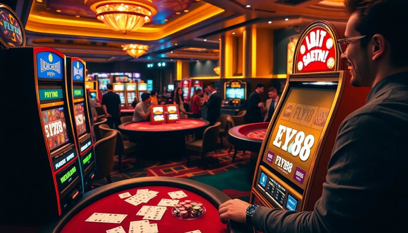 Experience thrilling moments at FLY88 casino with poker tables and slot machines lighting up the scene.