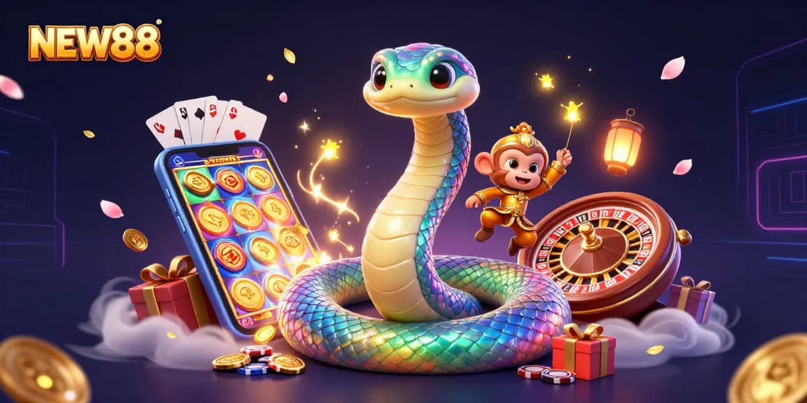 Engage with the vibrant gaming scene of NEW88 featuring action-packed casino elements and colorful characters.