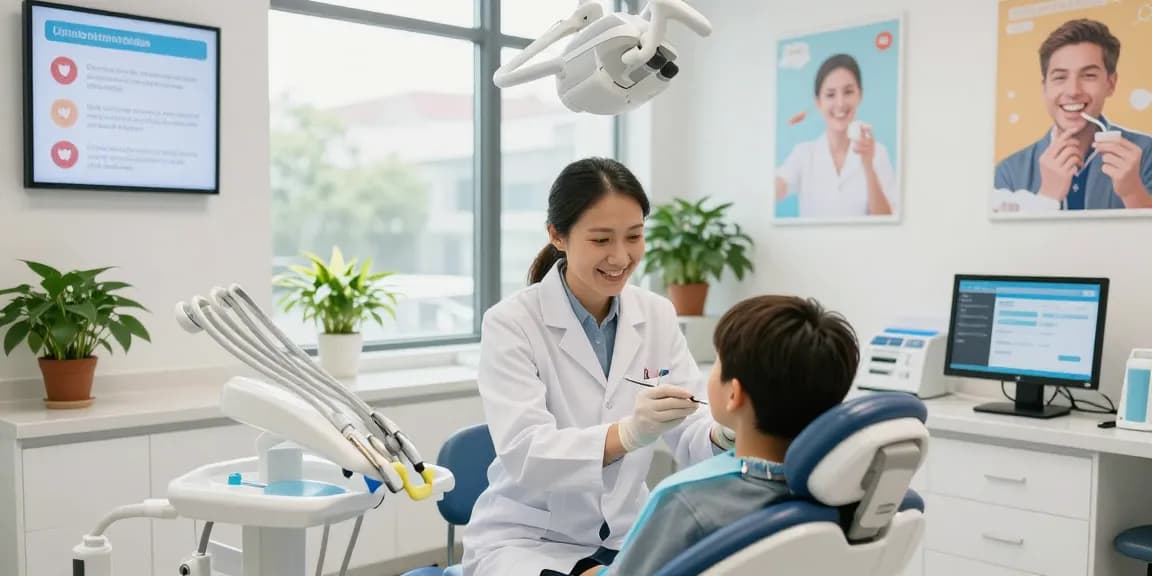View it now for an inviting dental appointment at a modern clinic with friendly dentist and patient interaction.