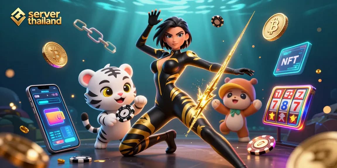 Engage with slots at server thailand featuring a stunning woman in a black catsuit amidst glowing Bitcoin and Ethereum coins.