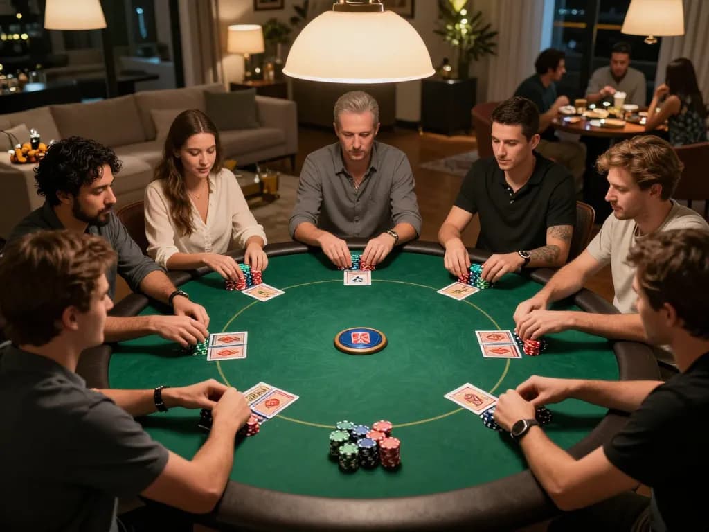 Players enjoying a competitive round of poker at home with nagapoker strategies, vibrant chips, and cards visible