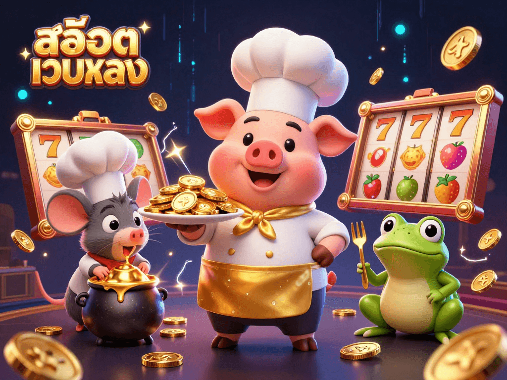 Experience an exhilarating สล็อตเว็บตรง gaming adventure with a chef pig serving golden coins as vibrant slot elements surround them.