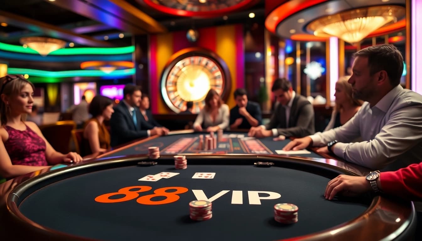 Gamblers at a vibrant casino table, showcasing the exciting spirit of 68VIP gaming experience.