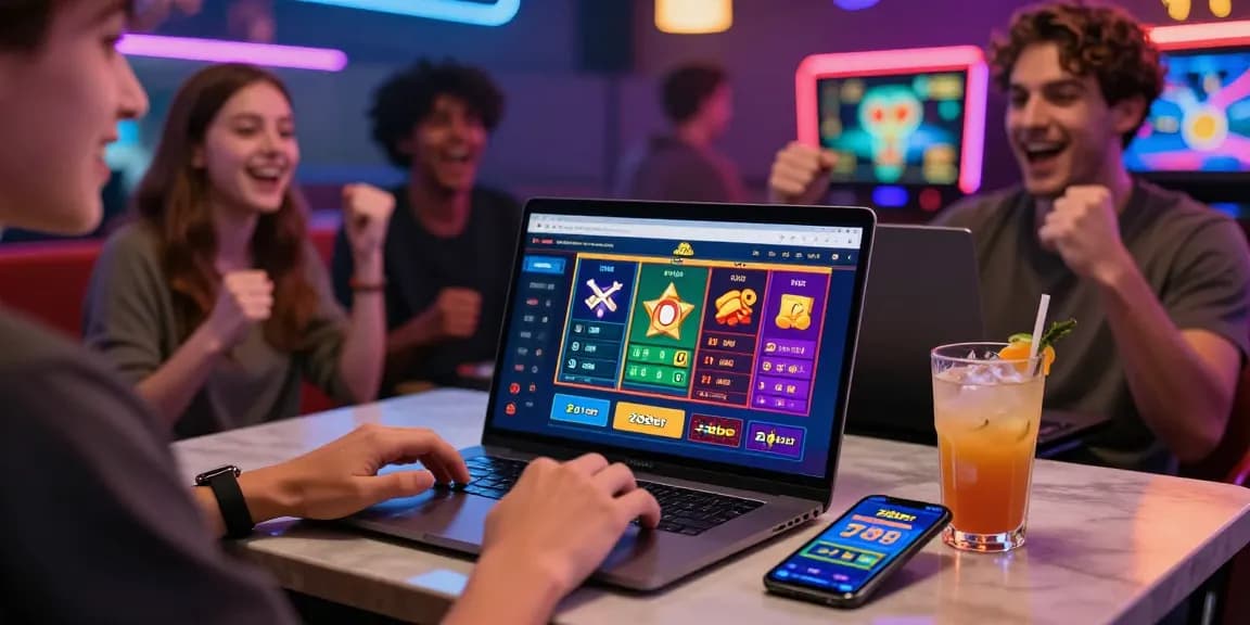 Casino player using 28bet on laptop with vibrant graphics in a lively gaming lounge.