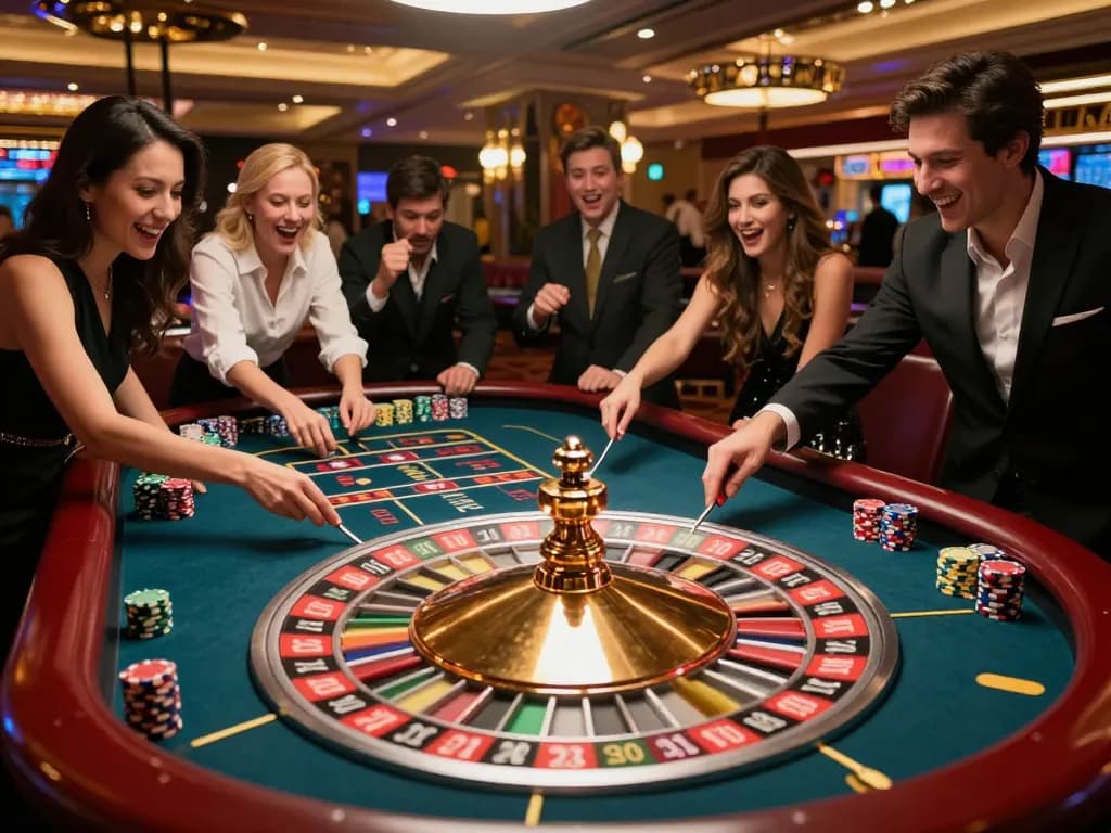 Players engage with the roulette wheel at HM88 casino, showcasing thrilling gambling moments and vibrant lights