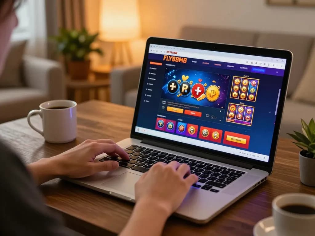 Engaging online casino gaming at fly88mb with lively poker and slots displayed on laptop screen.